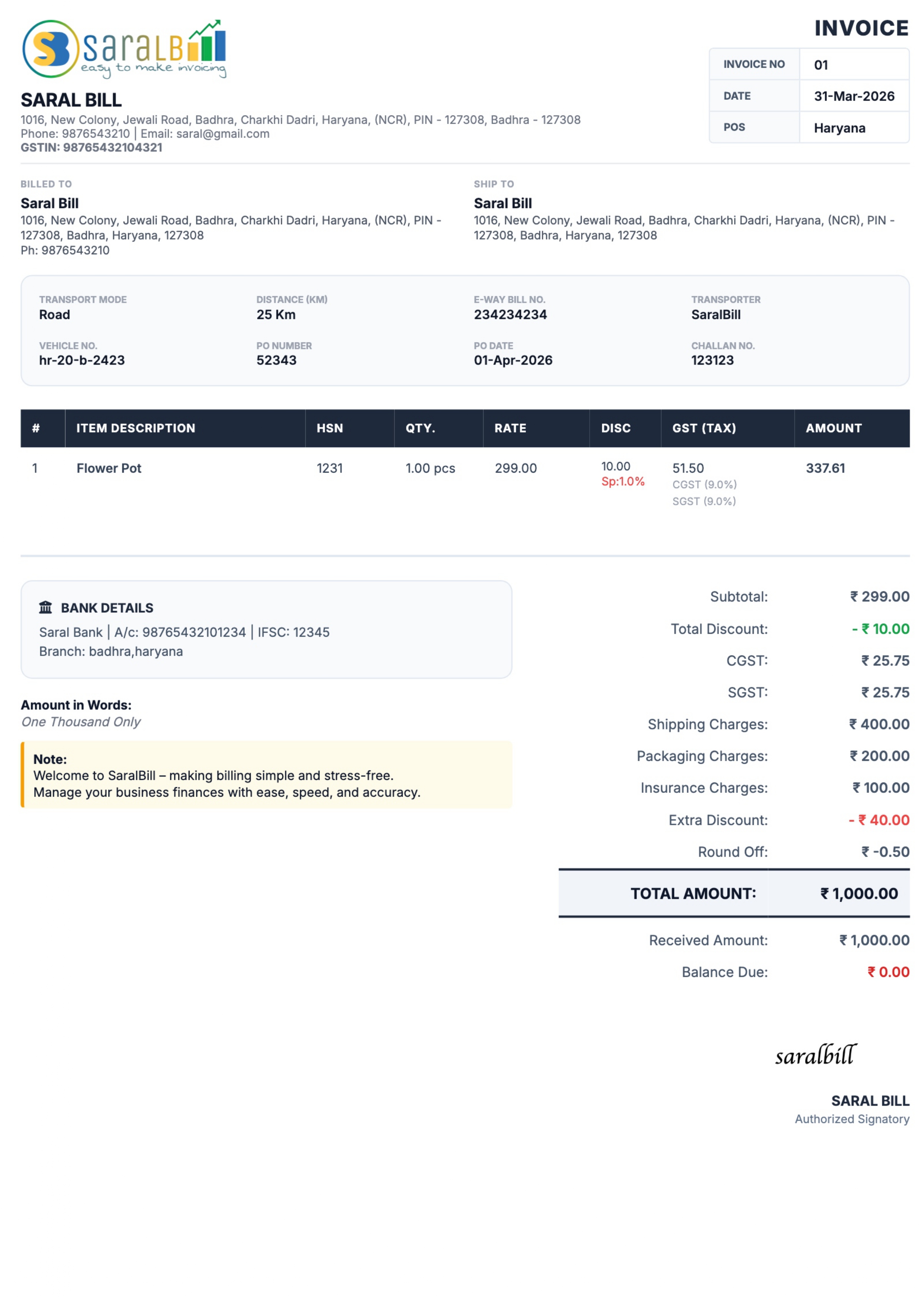 SaralBill Professional Invoice